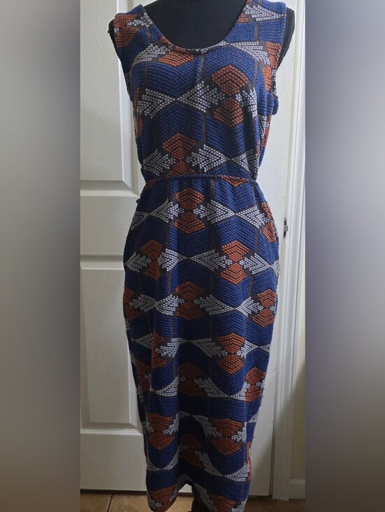 Mango Dresses & Skirts - Mango Blue Geometric Midi Dress with Rust and Light Gray Accents